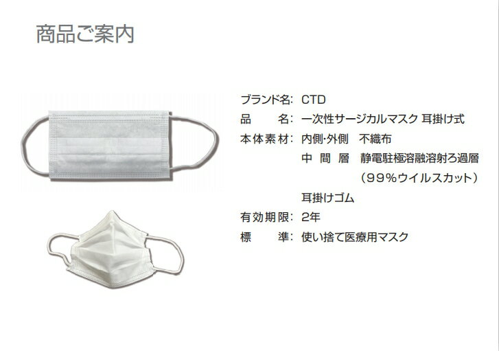 CTD 一次性サージカル マスク 【 100枚 セット】耳掛け式 使い捨て医療用マスク