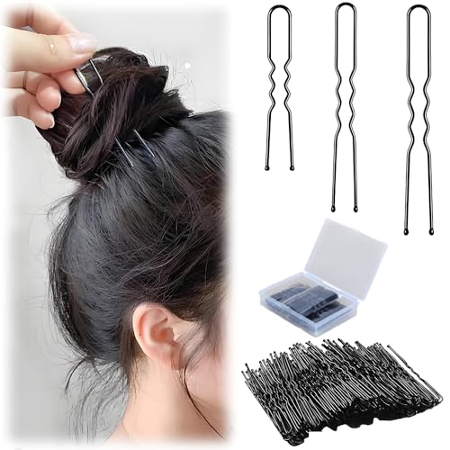 XIANFQNKJ U字ピン Uピン ユーピン ヘアピン 150本 5cm+6cm+7cm 各50本入り 収納ケース付き ヘアアクセサリー 段付き ヘアクリップ バレエ 看護師 髪飾り 結婚式 成人式 卒業式 入学式 (ブラック)