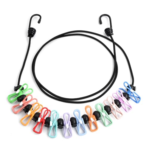 物干しロープ 洗濯ロープ 旅行 12個クリップ付き キャンプ用洗濯干し 防風 旅行用物干し竿,収納式物干し竿,収納式ポータブル物干し竿で旅行弾力 180 cm (5.9 フィート) 伸縮洗濯バサミ 屋外 屋内 洗濯紐 洗濯ロープ ランドリーロープ 携帯便利