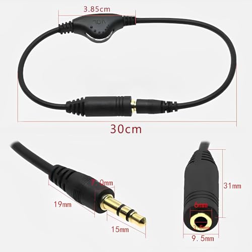 3.5mm ヘッドホン延長 ケーブル 30cm イヤホン延長ケーブル 2個セット ダイヤル式音量調整可能 音質劣化防止 イヤホンジャック延長コード 音量調節 (ブラック)