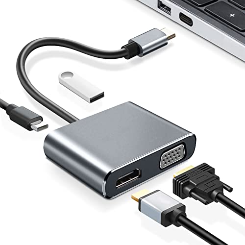 USB C VGA ハブ 4-in-1「4K 映像出力+ VGA映像出力+PD急速充電+USB3.0 高速データ伝送」Type C HDMI変換アダプター 設定不要 iPhone 15 /iPad Pro、MacBook Pro/Air、Samsung Galaxy S20/Note10、Surface Go、他のUSB C デバイス対応