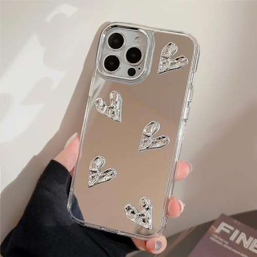 ZTOFERA iPhone 13ケース用、かわいい3Dハートミラーガールズ女性メイク電話カバーiPhone 14用、シルバーハート型透明iPhone 13、iPhone 14スマホケース用、5つの心