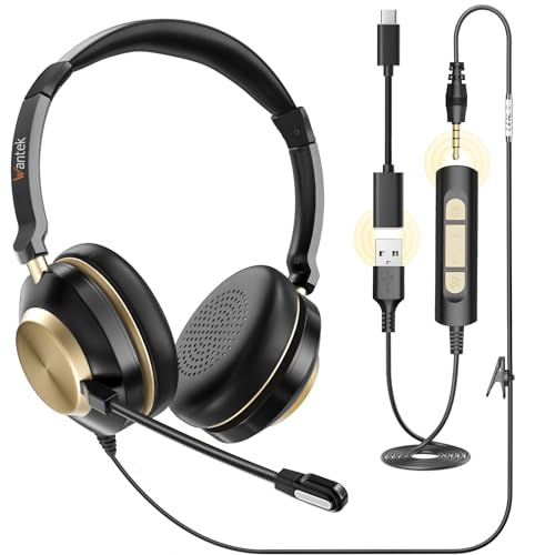 Wantek アップグレードヘッドセット USB/Type-C/3.5mm 両耳 新型ノイズキャンセリングマイク付き 有線..