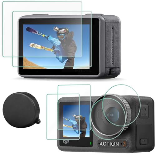 FitStill強化ガラスフィルムDJI Osmo Action 3に適用 メイン画面用2枚 + サブ画面用2枚+LED保護フィルム2枚+シリコンレンズカバー2枚 DJI Action 3液晶保護フィルム 超薄 硬度9H、防油汚れ、指紋防止、気泡防止、飛散防止