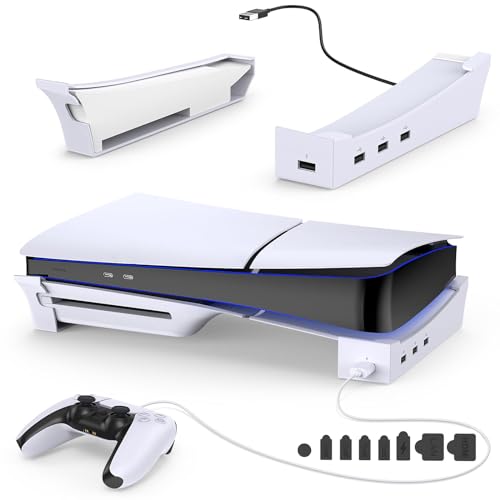 ISTATSO2025新型PS5 対応PS5 Slim用 スタンド ps5 横置きスタンド PS5 slim用収納アクセサリー 4つのUSBポート付き 転倒防止 地震対策 傷付き防止 放熱改善 ポートキャップ セット付き PS5 slim ディスク & デジタル版対応(ホワイト)