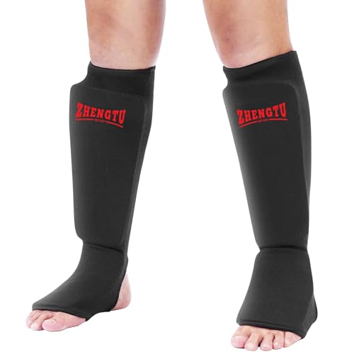 ZHENGTU レガース ボクシング 足サポーター キックボクシング レッグガード すね当て 3cm厚手インナー 衝撃吸収 格闘技 空手 防具 (M, Black)