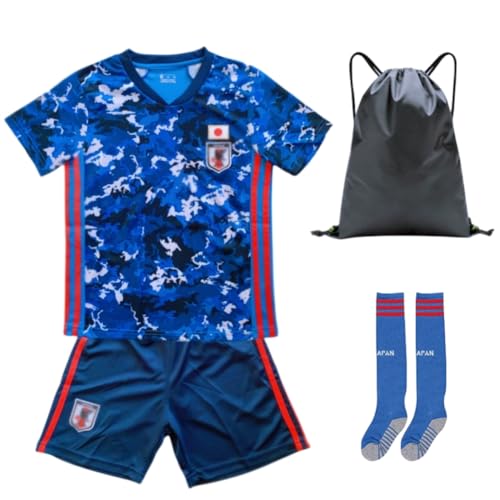 [MiraiHiraki] 子供用サッカーユニフォーム 4点セット サッカーウェア 上下セット ジュニア 子供用 練習着 フットサル 半袖Tシャツ ハーフパンツ キッズユニフォーム 上下セット ユニフォームソックス付き (140cm,ブルー（背番号なし）)