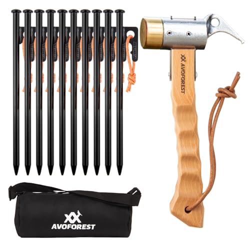 AVOFOREST ペグハンマー + ペグ20CM 10本付き ペグハンマーセット キャンプペグ 反射材入りロープ付き 高炭素鋼製 ペグ打ち ペグ抜き 真鍮製ヘッド 木製ハンドル 収納袋付き 設営工具 テント キャンプ用品