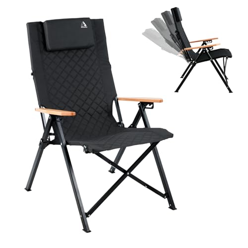 ARURUキャンプ用リクライニングチェア、ヘッドレスト付き4段階傾斜ハイバック椅子、コンパクトに折りたたみ可能なアウトドアチェア、そして便利な収納袋付き(ブラック)
