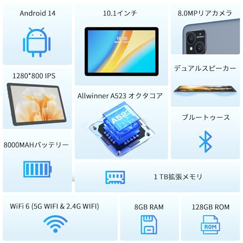 Android 14 タブレット10インチwi-fiモデル、VASOUN TAB11 8GB(4+4GB拡張)+128GB+1TB拡張、8コア 1.8Ghz WiFi 6、Widevine L1、8000mAh+Type-C、5GWiFi6+BT5.2、1280*800 IPS画面 2in1タブレット キーボード/マウス/保護ケース/スタイラス - Image 2