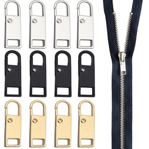 Doyime ファスナー 引き手 12個入り 交換用ジッパー ジッパーパーツ修理キット 交換用 再利用可能 耐久性 多機能 簡単に取り付 カバン/財布/衣類/靴 ファスナー修理 DIY 手芸 手作り 裁縫(ブラック/シルバー/ゴールド)