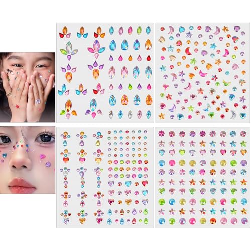 mefenyラインストーン 顔シール メイク 子供 ステッカー カラフル 星 ハート しずく型 キラキラ 貼り付..