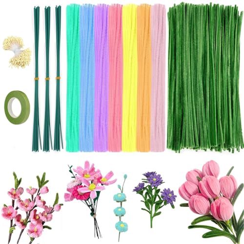 Lakymisy 手芸モール カラーモール 工作モール 300本 人工花茎30本 双頭花おしべ300本 緑テープ1巻 お花 モールアート 手作り チューリップ スズラン 春の花 花束工作キット 造花DIY 曲げ可能 造形材料 記念日 誕生日 卒業式 母の日 贈り物に最適