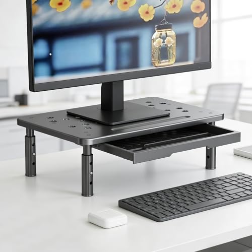 YUYUTORI モニター台 卓上PCスタンド モニタースタンド 机上台 金属 ディスプレイ台 引き出し付き 3段階調節10.5-14.5cm 姿勢改善 卓上収納 文具収納 工具不要 ノートパソコン/プリンターに適用 耐荷重25kg ブラック