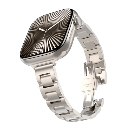 TALENANA for Apple Watchバンド レディース ステンレス製 42mm/41mm/40mm アップルウォッチ交換ベルト 女性専用 細い Series 11/10/9/8/SE3/SE2/SE/7/6/5/4対応 長さ調整器具付き おしゃれ 可愛い（42mm/41mm/40mm，スターライト）・女性向けにデザインされたApple WatchバンドこのApple Watchバンドの幅はわずか13mmのスリム設計で、女性や細めの手首の方に特におすすめです。上品でエレガント、かつスタイリッシュでラグジュアリーな仕様です・高品質なステンレス素材Apple Watch にぴったりフィットすると交換バンド一体化ステンレスバンドです。耐腐食性、耐摩耗性、耐酸性の高品質ステンレス素材を採用、耐久性に優れています。精密な研磨技術と使いやすくファッショナブルな設計となっており、高級感あふれるApple Watchベルトとなっています・Apple Watch本体との一体感を高めるこのApple Watchバンドは、Apple Watch本体と同じ色の素材を採用しており、Apple Watchを身に着ける際にも違和感がありません。また、Apple Watch本来の美しさを際立たせることができます・ストレスなく付け外しができるワンタッチ中留機能爪を傷めずバックルの開閉ができるワンタッチ中留機能付き。丁度良い硬さでストレス無く時計のapple watch外しができます・調整工具付&簡単装着ステンレススチールのバンドはご自身の腕周りの長さに応じて調整が必要です。購入後すぐに使用できるように調整工具をapple watchステンレスバンドと一緒にボックスに入れてお届けいたします。長さ調整可能なので、付属された工具で自分の場合によって自由に調節できます。バンドサイズ：155mm。対応機種：Apple Watch Series 11/10/9/8/SE3/SE2/SE/7/6/5/4/3/2/1（42mm/41mm/40mm）ブランド: TALENANAメーカー: TALENANA型番: TALENANA
