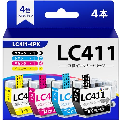 「INSCMYK製」LC411 ブラザー用 LC411-4PK 顔料 ブラック LC411BK LC411C LC411M LC411Y インク・対応プリンター DCP-J928N-W/B DCP-J528N MFC-J905N DCP-J915N DCP-J1800N DCP-J926N-W/B DCP-J526N MFC-J904N MFC-J739DN/DWN MFC-J939DN/DWN DCP-J914N プリンター にご対応いたします。初めてご購入の場合は必ず対応機種をご確認下さい。・セット内容 この 互換 インク 4本パックには LC411-BK 顔料ブラック 1本 / LC411-C シアン 1本 / LC411-M マゼンタ 1本 / LC411-Y イエロー 1本 があります。・製品特徴当店の LC411 4PK 互換 インク は残量検知に対応した最新のICチップを搭載し、純正インクと併用も可能です。分子級インクを採用し、目詰まりにくく、色再現性が強く、印刷物の色が鮮やかになります。※商品の製造時期によって、パッケージやラベルなど外観が画像と違う場合がこざいますが、製品の内容や品質、対応機種などには違いがございません。・個包装この DCP-J928N-W/B DCP-J528N MFC-J905N DCP-J915N DCP-J1800N DCP-J926N-W/B DCP-J526N MFC-J904N MFC-J739DN/DWN MFC-J939DN/DWN DCP-J914N 対応 LC411 インク は備品として購入し保管する便利さを考えて、1本ずつ個別包装されています。硬質ケースも使用して、輸送中の破損トラブルやインク漏れなどの不具合を最小限に抑えます。・国際認定当店のカートリッジは品質マネジメントシステムの国際規格である「ISO9001」および、環境マネジメントシステムの国際規格である「ISO14001」の認証取得工場で製造されいます。一貫した品質管理により、高品質な製品を安定して供給します。ブランド: INSCMYKメーカー: INSCMYK