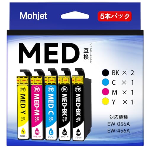 MohjetMED-4CL + MED-BK 4色5本パック 目玉焼き 互換 メダマヤキ エプソン用 EW-056A EW-456A インク・対応機種 エプソンプリンター EW-056A EW-456A に適用します。・商品仕様 MED 互換インクカートリッジ 4色5本： MED-BK ( ブラック ) 2本 / MED-C ( シアン ) 1本 / MED-M ( マゼンタ ) 1本 / MED-Y ( イエロー ) 1本 ※メーカー純正品ではありませんが、純正品との併用は問題ありません。・商品情報 個別包装で長期保存に適しています。一本ずつ箱に入っていますので、製品破損など不具合の状況も最大限抑えます。●入荷時期により商品ラベルや外装が予告なしに変わる場合がございますが、製品品質に変わりはございません。予めご了承ください。・サポート・保証 ご購入から1年間の保証期間を設けております。 ※ご不明点や万が一不具合があった場合はMOGUTOUをクリックして頂き、そこからお問い合わせをお願い致します。お問い合わせ時にお使いのプリンターを併せてご連絡いただけますとスムーズにご案内できます。・適用場所 家庭、会社、学校など、さまざまな場所のプリンターで使用でき、日常の印刷に適しています。ブランド: Mohjetメーカー: Mohjet for MED-4CL型番: MED-4CL+MED-BK