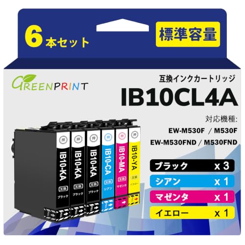 IB10CL4A 4色6本セット 互換インクカートリッジ IB10 IB10KA IB10CA IB10MA IB10YA「最新ICチップ搭載 残量表示」標準容量 対応機種 EW-M530F EW-M530FND M530F M530FND プリンター (KA*3/CA/MA/YA) GREENPRINT