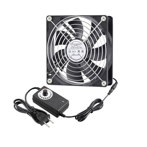 Pocaton 120mmファン、120mm x 25mm DC 12V冷却ファン、AC 100-240V スピードコントローラー付き、レシーバーアンプ用DVRプレイステーションコンポーネント冷却 温室 車中泊 换気扇・120mm冷却ファンゲーム機、家電製品、娯楽機器、ソーラー機器など、その他のオーディオビデオ電子機器を含むさまざまな機器の冷却と換気のニーズを満たすように設計されています・パラメータ:120x 120x 25mm /4.72 x 4.72 x 0.98inch。定格電圧:DC 12V;定格電流:0.3A;定格速度:3000 RPM;エアフロー:80 CFM;ノイズ:30 dBA;コネクタ:dc 5.5x2.1mmメス・ファン可変速度制御：さまざまな場所のニーズに合わせて、風量を調整することができます・プラグ: AC100-240Vに対応、プラグアンドプレイ、使いやすい・パッキング: ファン1個、ネット2個、取り付けネジ、スピードコントローラー1個ブランド: Pocatonメーカー: XINJIADA