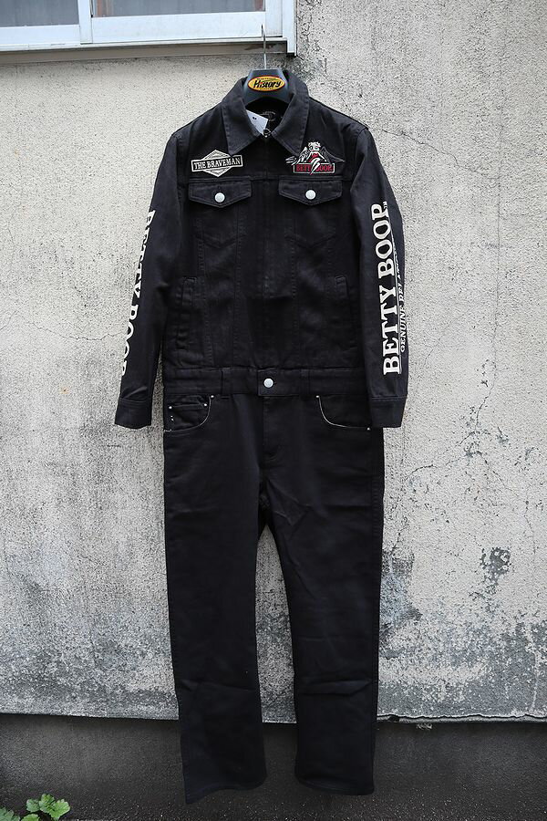 【The BRAVE-MAN×BETTY BOOP】ザ,ブレイブマン×ベティブープ　BBB-2252　デニム　オールインワン 刺繍ツナギ　サイズ：XS/S/M/L/LL/XXL(ユニセックス）　カラー：ブラック