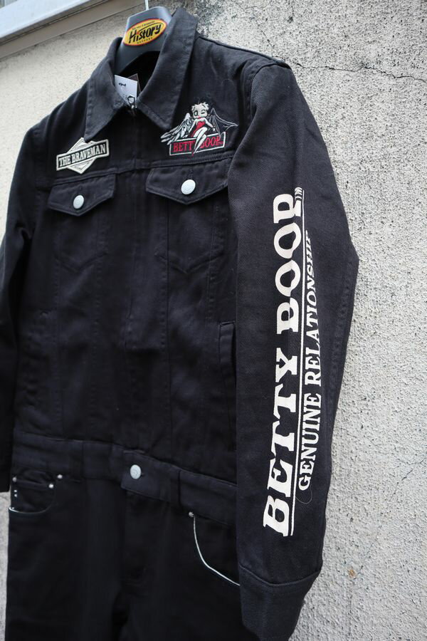 【The BRAVE-MAN×BETTY BOOP】ザ,ブレイブマン×ベティブープ　BBB-2252　デニム　オールインワン 刺繍ツナギ　サイズ：XS/S/M/L/LL/XXL(ユニセックス）　カラー：ブラック