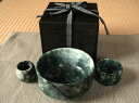 糸魚川翡翠抹茶椀・ぐい飲み(3点セット) O00070 翠雅 作 糸魚川産 ヒスイ製 抹茶椀・ぐい飲み
