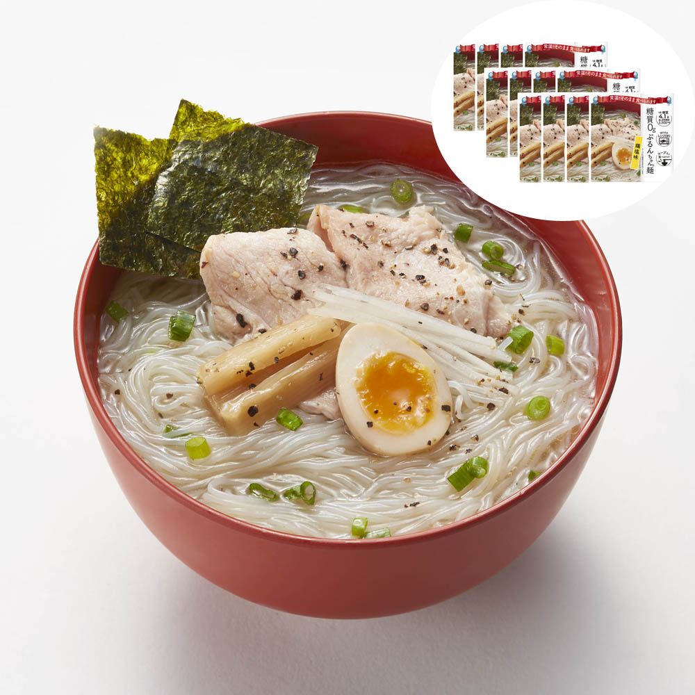 糖質0g ぷるんちゃん麺 鶏塩味 12袋入｜糖質制限 宅配 糖質制限 ラーメン 常温 鍋 ダイエット だいえっと 間食 麺 スープ 食品 置き換え 食事 腹持ち ロカボ 食事制限なし 満腹 ｜レンジで簡単調理。スープと麺入りで開けてすぐ手間要らずで召し上がれます。