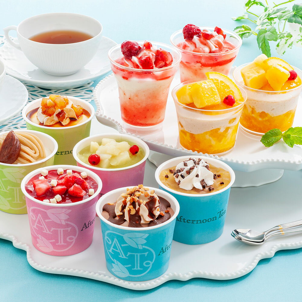 アフタヌーンティー・ティールーム アイス＆シャーベット ( 苺のパフェ80ml・スイートフルーツティーパフェ82ml×各2、洋梨とアールグレイ103ml、苺とチーズ103ml、渋皮栗のモンブラン94ml、スイートポテト103ml、チョコバナナ103ml、ダブルチョコレート103ml×各1（計10） )のサムネイル