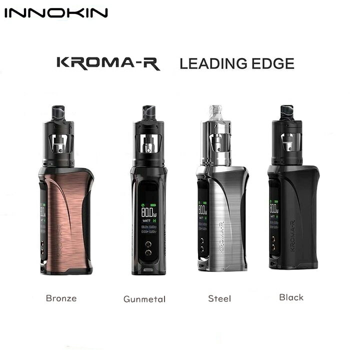 INNOKINからハイエンドテクニカル機が登場！ 上級者はもちろん、初めての方にも満足できるVAPEです！Zlide（ズライド）タンクアトマイザーが付いており、従来のタバコと同じような吸い方ができるMTL方式。 発送方法：レターパックプラス（全国一律送料無料） ・代金引換え不可 ・あすつく可（地域による） ・日にち・時間指定不可 ・対面受け取りにて配達完了 ・追跡番号あり・補償なし●Innokin KROMA-R 80W Starter Kit イノキン クロマ R スターターキット 電池セット 【内容】 ・KROMA-R Mod ×1 ・Zlide Tank Atomizer ×1 ・Z coil 1.2Ω ×1（装着済） ・Z coil 0.8Ω ×1 ・スペアドリップチップ ×1 ・スペアガラスチューブ ×1 ・スペアOリングセット ×1 ・Micro USBケーブル ×1 ・説明書 ・バッテリー：Efest 18650電池 3000mAh PSE認証（セットにてご提供） 【仕様】 サイズ：H 131×W 40×D 26mm タンク容量：4ml レスポンス：0.003秒 画面：有機ELディスプレイ 主材質：亜鉛合金製プレミアムボディ モード：WATTAGE（Soft/Normal/Hard）、VOLTAGE（Soft/Normal/Hard） 　　　　CURVE（経過時間によるワット制御）、BYPASS（最大電力） 抵抗値：0.05&#12316;3.5Ω スレッド：510規格 出力電力：6&#12316;80W カラー：ブロンズ、ガンメタル、スチール、ブラック（カートでお選びください） ※保証期間：初期不良のみ商品到着後から1週間以内 →電子タバコ用リキッドはこちら &#9759;【交換用コイルはこちら】 関連商品