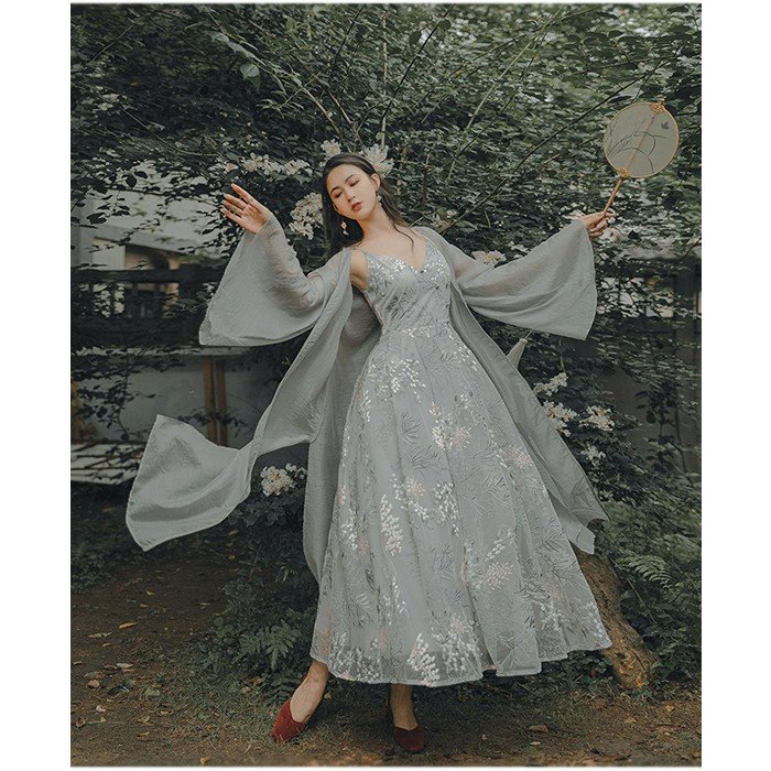 ハンフー サマードレス キャミワンピース レース 羽織 セット 漢服