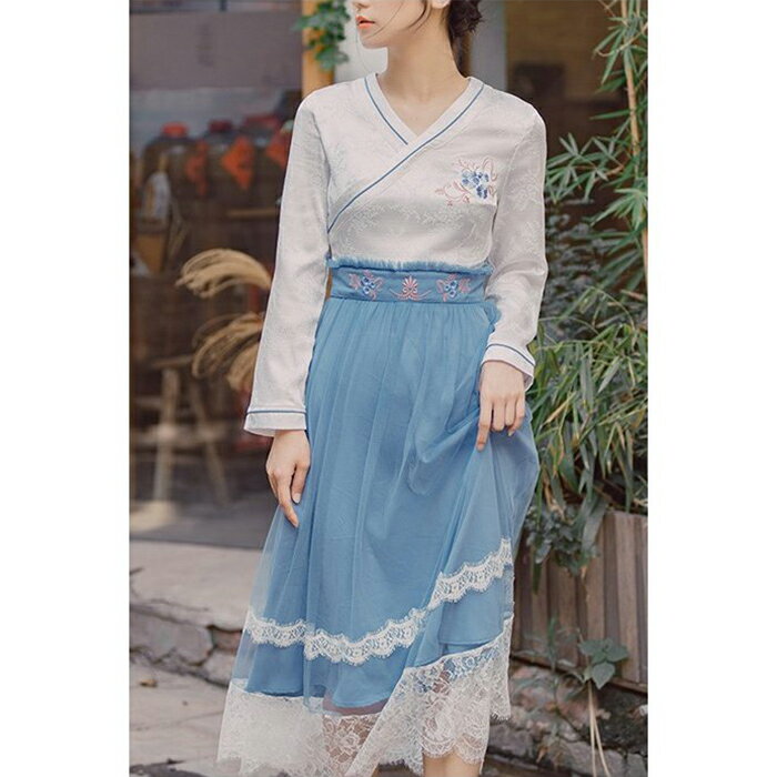 ハンフー サマー ワンピース パステルブルー 長袖 ロング丈