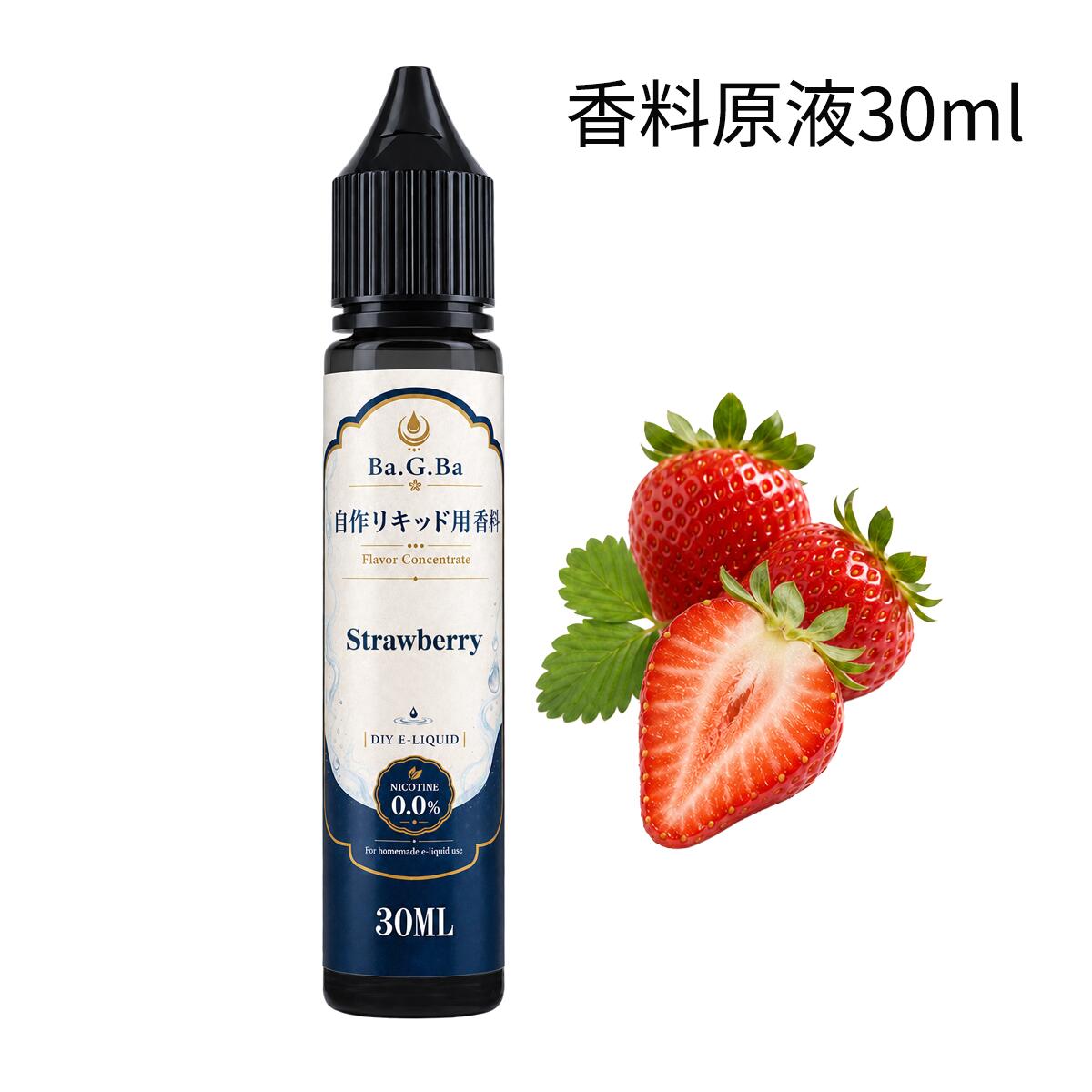 電子タバコの自作リキッド用ストロベリー香料原液。30ml入り。 甘酸っぱくジューシーな苺いちごの香り。 PGやVG、その他風味の香料も販売しております。 発送方法：クリックポスト（全国送料無料） ・代金引換え不可 ・あすつく不可 ・日にち・時間指定不可 ・ポスト投函にて配達完了 ・追跡あり・補償なし電子タバコ・VAPEの自作リキッド用「ストロベリー」香料原液です。 いちご苺らしいフルーティーな甘さと爽やかな酸味をイメージした香りのフレーバー。 単体での使用はもちろん、クリーム系・バニラ系・スイーツ系などの香料の組み合わせにもお使いいただけます。 【商品情報】 ・ブランド：Ba.G.Ba ・商品名：香料原液（PGベース） ・フレーバー：Strawberry（ストロベリー） ・内容量：30ml ・用途：電子タバコ・VAPEの自作リキッド用 ・タイプ：濃縮香料原液 ・数量 : 1本 ・ニコチン： 0mg（ゼロ） 【使用方法】 本品は香料の原液です。そのまま使用せず、必ずPG・VGをベースとしたリキッドに混ぜてご使用ください。 香料の配合量は、ベースリキッドに対して5％〜20％程度を目安に、お好みの香りや濃さに合わせて調整してください。 【自作リキッドのレシピ例】 完成量60ml・香料10％の場合 ・香料原液：合計6ml ・PG：12ml ・VG：42ml 香料は1種類でも使用できますが、お好みに合わせて3～5種類程度をブレンドしてオリジナルフレーバーを作ることもできます。 まずPGと香料をよく混ぜ、その後VGを加えて全体をしっかり混ぜます。 お好みに合わせて、甘味剤や清涼剤を少量ずつ追加して調整してください。 注意事項 ・配合量は目安です。香りや味の感じ方にはデバイスの種類や個人差があります。 ・開封後はキャップをしっかり閉め、密封状態を保ってください。 ・直射日光の当たらない冷暗所で保存し、お子様の手の届かない場所に保管してください。 ・体に異常を感じた場合、直ちに使用を中止し医師に相談してください。