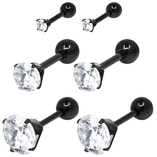 Body Earrings - スタッドピアスボディピアス軟骨ピアスレディース4本爪金属レルギー対応3Aジルコニア採用サージカルステンレス製両耳3ペア【18G】(ブラック3・5・7mmset)