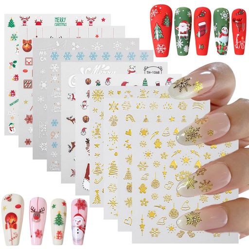 クリスマスネイルシール10枚セット可愛いサンタトナカイ雪の結晶クリスマスツリー雪だるまジンジャーマンキャンディケーンネイルパーツシール貼るだけネイルステッカージ...