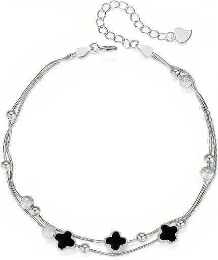 [シルバーサンダー]アンクレットレディースつけっぱなし人気-2連チェーン四つ葉のクローバー-シルバー9..