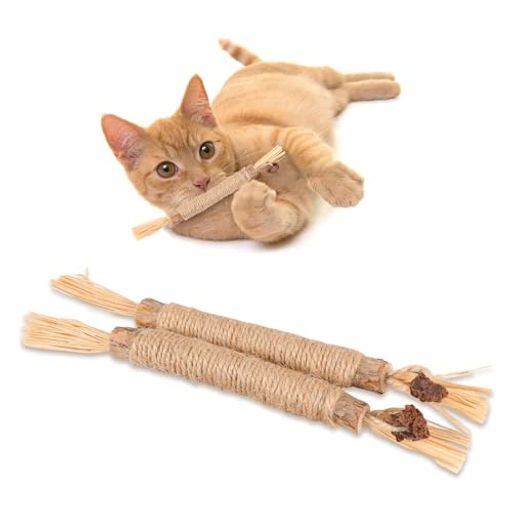PAKESI猫噛むおもちゃ歯磨き歯ぎしり棒またたび天然木麻縄2本入り天然安全噛むスティック歯のクリーニ..