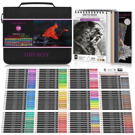 HIFORNY大人向け色鉛筆128本セット–スケッチブック、塗り絵、ブレンダー、バーニッシャー、消しゴム、..