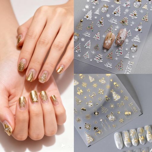 ネイルシールクリスマス貼るだけネイルパーツ2枚セットクリスマスツリー雪だるまゴールドホイル立体感..