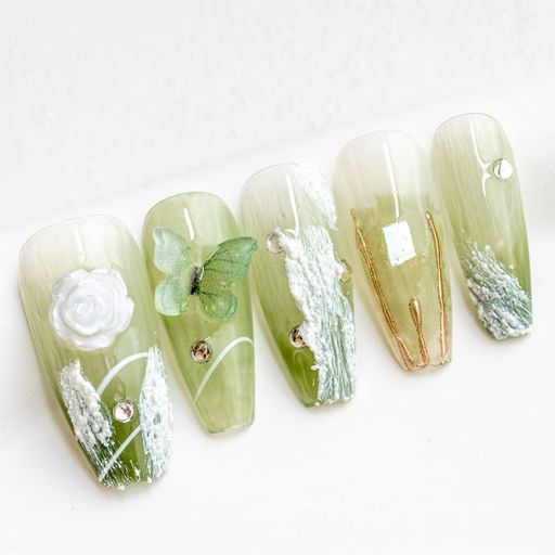 Sun&BeamNails手作りネイルチップミディアムロングバレリーナ緑グリーン蝶花人気3Dおしゃれ可愛いデザインつけ爪付け爪収納ボックス付き10枚入(XS#09ナチュラルグリーン) Sun&BeamNails手作りネイルチップミディアムロングバレリーナ緑グリーン蝶花人気3Dおしゃれ可愛いデザインつけ爪付け爪収納ボックス付き10枚入(XS#09ナチュラルグリーン)