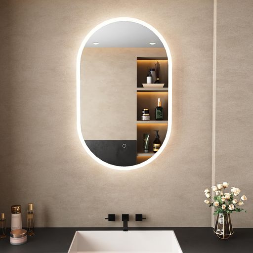 Sunrosaミラー鏡LED壁掛けスチールミラー/強化ガラス女優ミラー洗面台浴室くもり止め鏡おしゃれ三色調光&記憶機能曇り止め防湿明るさ調節可能美容室/バスルーム/リビングルーム/寝室に適…