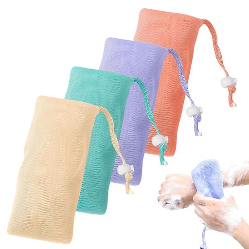 Coollooda洗顔ネット石鹸ネット【4個セット】泡立てネット6重濃密泡もっちり肌に優しい吊り下げ可能ト手軽に泡が作れる固形石鹸に対応洗顔用毛穴ケアボディ用男女兼用17x6x3cm(シアン、ピ…