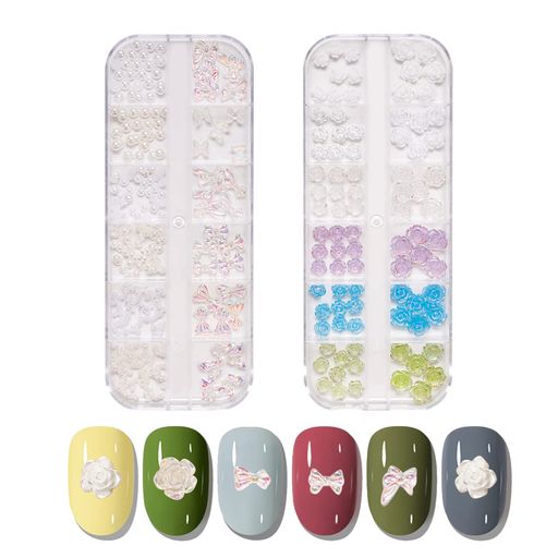 ネイルパーツリボンオーロラ2ケース入り3D立体花ネイルパーツ半円パールネイルアートパーツバラカメリ..