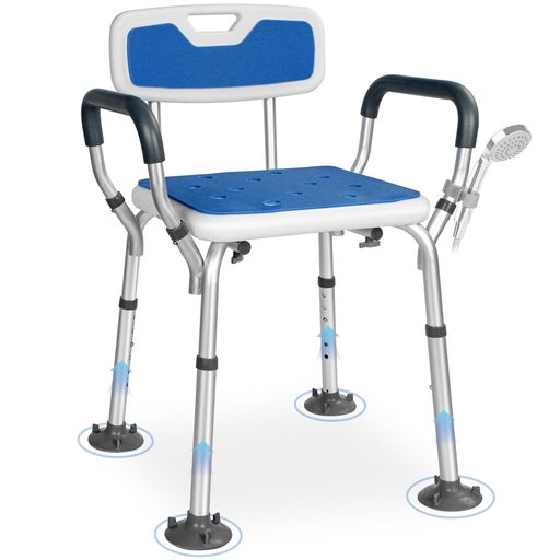 大吸盤シャワーチェアお風呂椅子介護用6段階高さ調節可能背もたれ付き手すり取り外し可能アルミ合金フ..