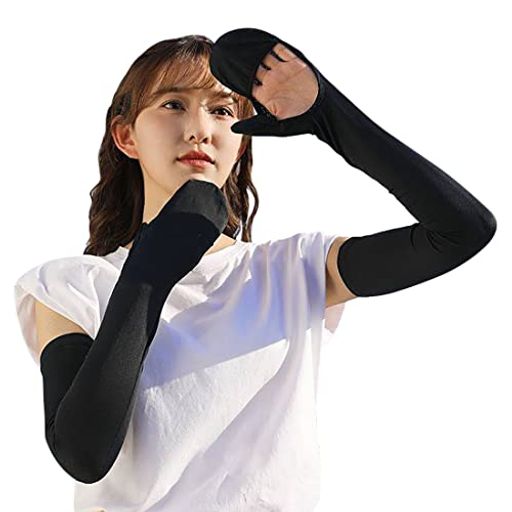 [JISONCASE]アームカバー冷感UVカット無地レディースアームスリーブ夏ひんやり吸汗速乾滑り止めスマホ操作日焼け止め指掛けタイプ手荒れ手袋おしゃれ腕カバー可愛い丸洗い男女兼用アー…