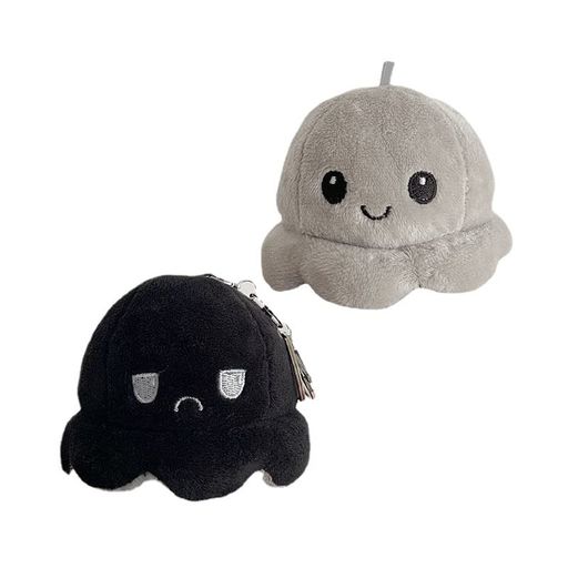 HEHWHタコキーホルダーキーリングバッグチャームリバーシブルタコ人形裏返したタコぬいぐるみ両面フリップ人形ふわふわおもちゃ怒る顔笑い顔面白いプレゼントギフト(black)