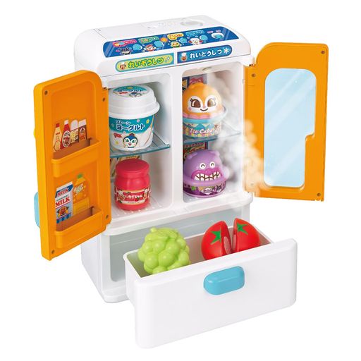 セット内容:本体ひきだし棚板2枚マスカットトマトトントンドキンちゃんアイスケーキケーキスタンドばいきんまんアイスヨーグルトいちごジャムスポイト 電池使用:単3x3本(別売) 対象年齢:3才以上 ST取得あり (c)やなせたかし/フレーベル館...