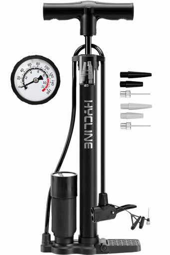 Hycline自転車空気入れ携帯フロアポンプ米式仏式英式バルブ対応160PSI軽量手動くうき入れタイヤポンプバイク/ボール/風船/浮き輪用エアゲージ付き(ブラック)