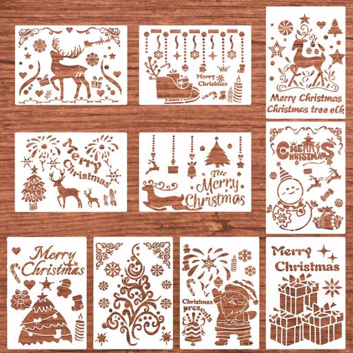 クリスマスステンシル10枚セットステンシルシートサンタクロース雪だるまクリスマスツリートナカイ雪の結晶花火ギフト描画テンプレート絵画ホワイ絵図絵描き道具描画ツー...