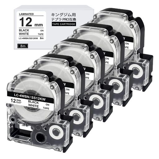 UNOKA5個セットテプラ12mm白互換SS12Kキングジムテプラテープ12mm白地黒文字テープカートリッジテプラproラベルライター用テープSR170SR750SR-R680SR-GL2テープ8m