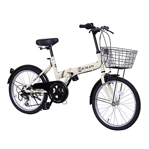 折りたたみ自転車 折り畳み自転車 20インチ シマノ6段変速 カゴ付 ワイヤ錠・ライトのプレゼント付き 前後泥除け装備 ハンドルの高さ調節できる 小径車 ミニベロ アイボリー